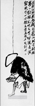 斉白石 Painting - チー・バイシ 釣り竿を持つ漁師 古い墨